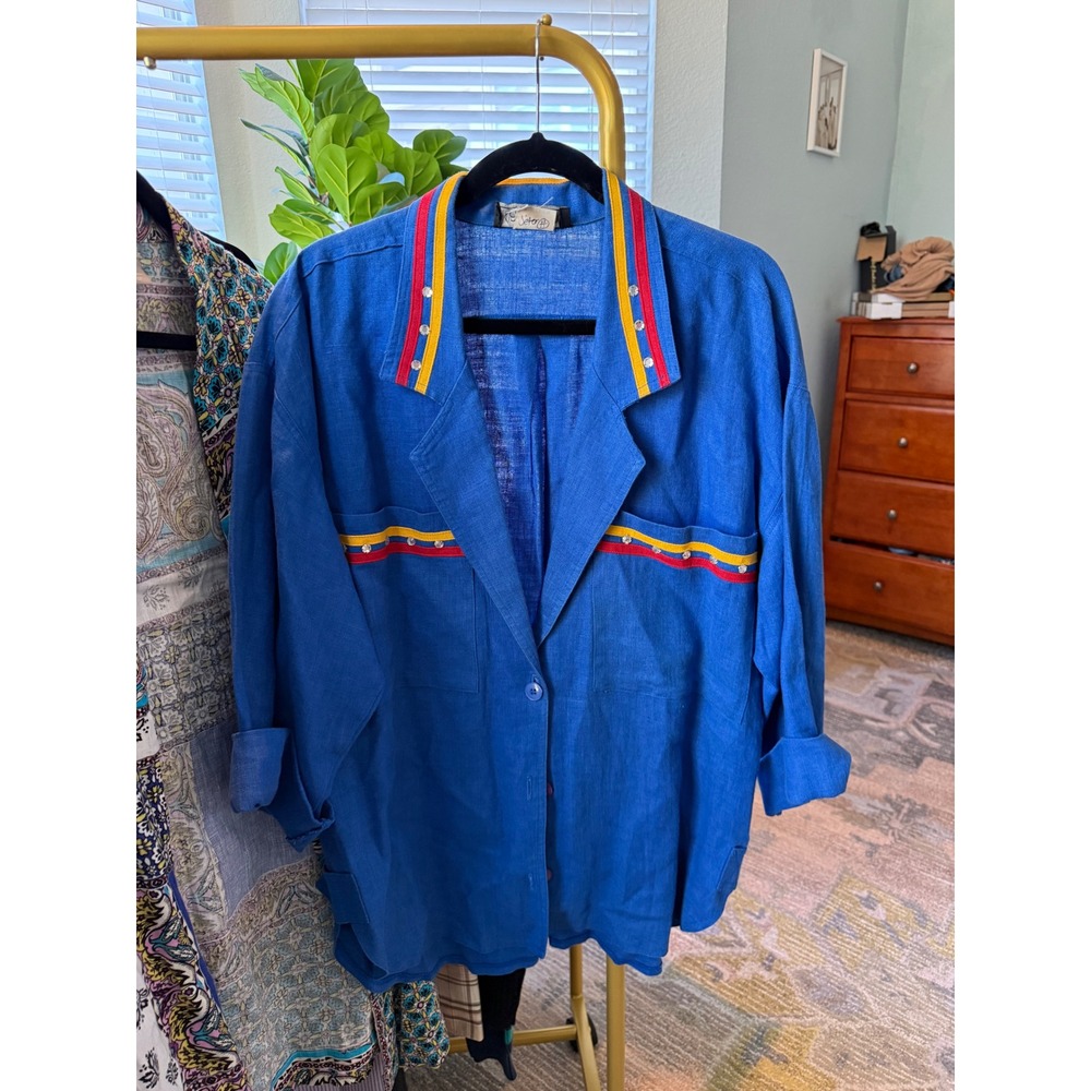 Vintage Karen Kane 100% Linen Blue Blazer Jacket Retro Ribbon Trim Rhinestones
